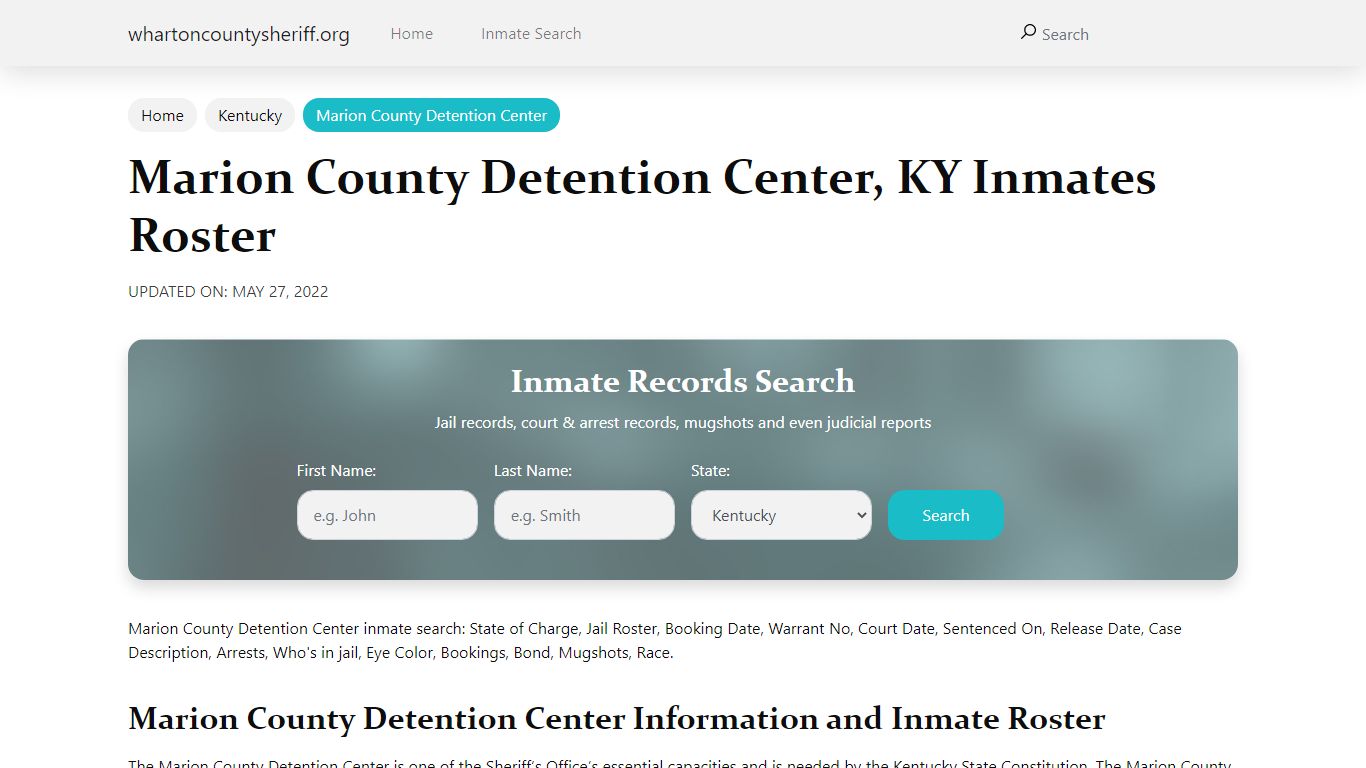 Marion County Detention Center, KY Jail Roster, Name Search